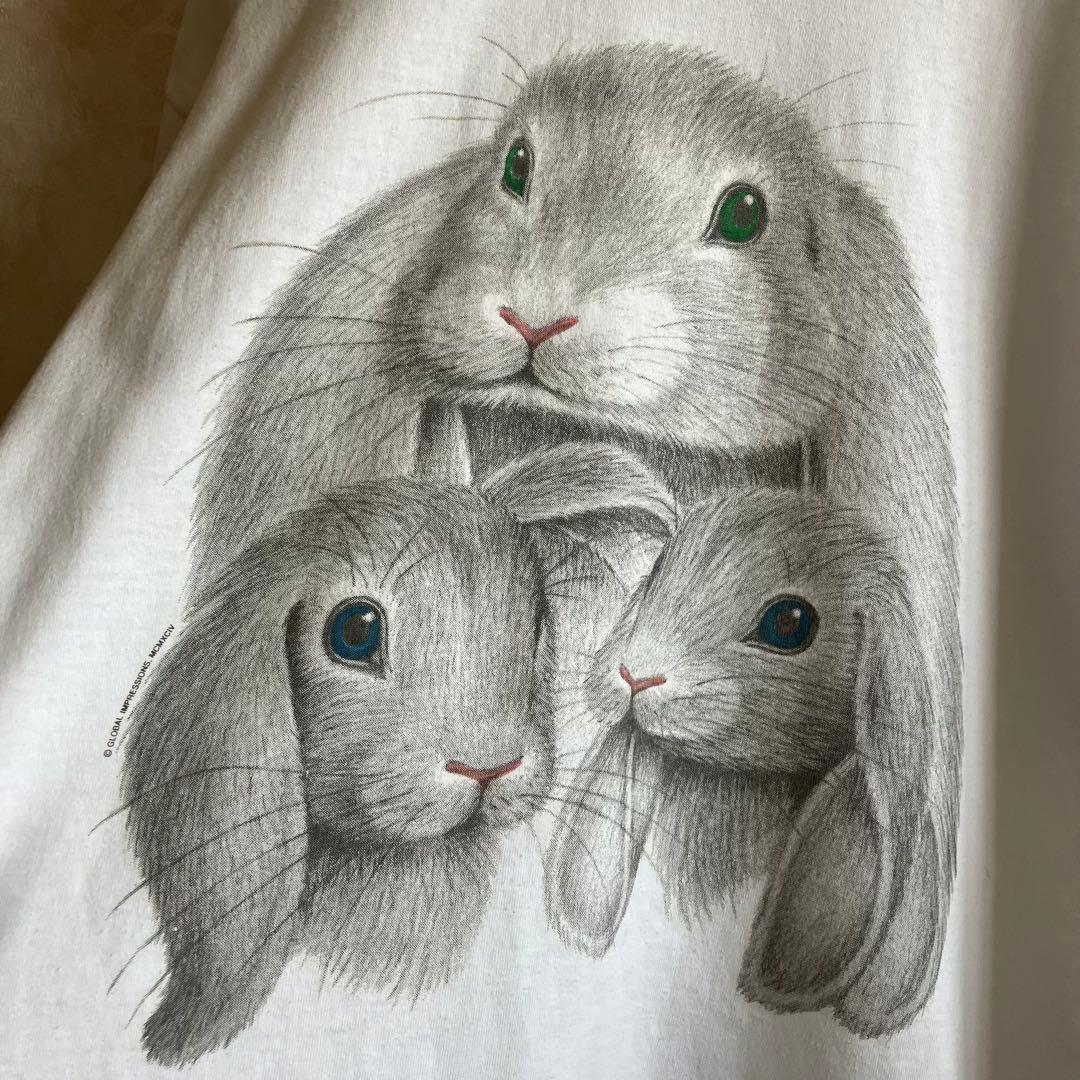 90's USA製 ヘインズ うさぎ 兎 デザインtシャツ 白 L
