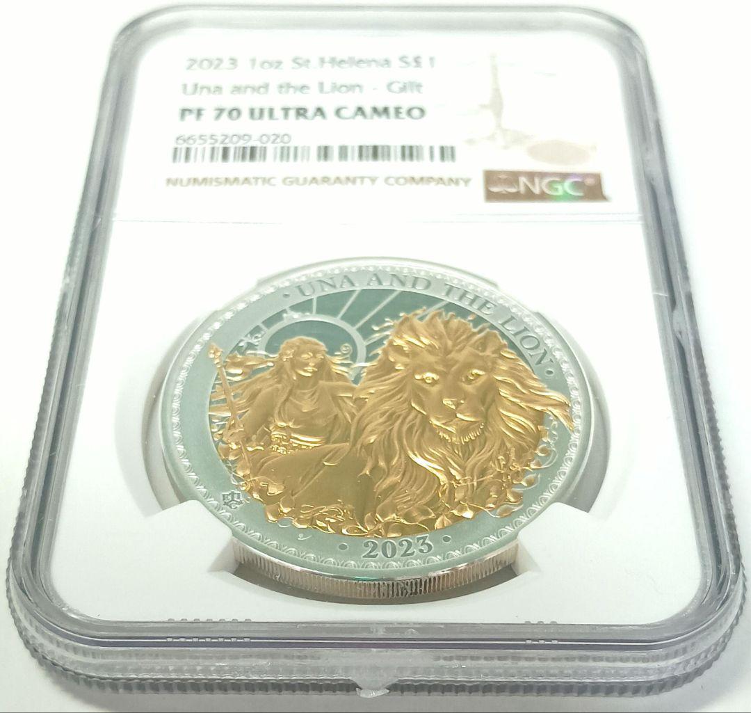 2023 ウナとライオン 1oz £1ゴールドプレート銀貨 NGCPF70UC②