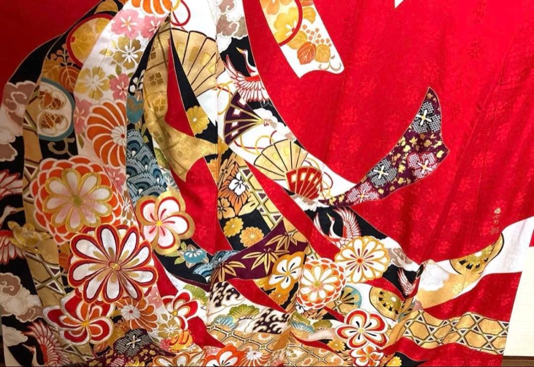 赤 吉祥文様 熨斗 鶴 華 振袖 身丈161