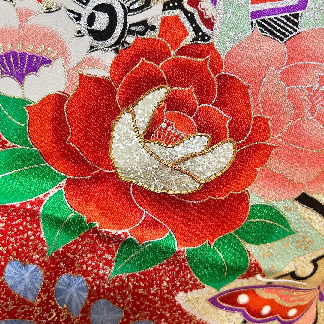 着物　七五三　7歳　女の子　13点　フルセット　オレンジ　御所車　花文　吉祥文様