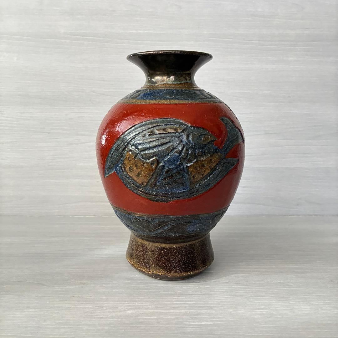 壺屋焼　小橋川清正　赤絵　魚紋　花瓶　沖縄　花器　インテリア　壺　工芸品