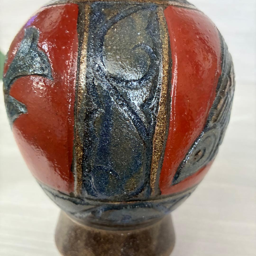 壺屋焼　小橋川清正　赤絵　魚紋　花瓶　沖縄　花器　インテリア　壺　工芸品