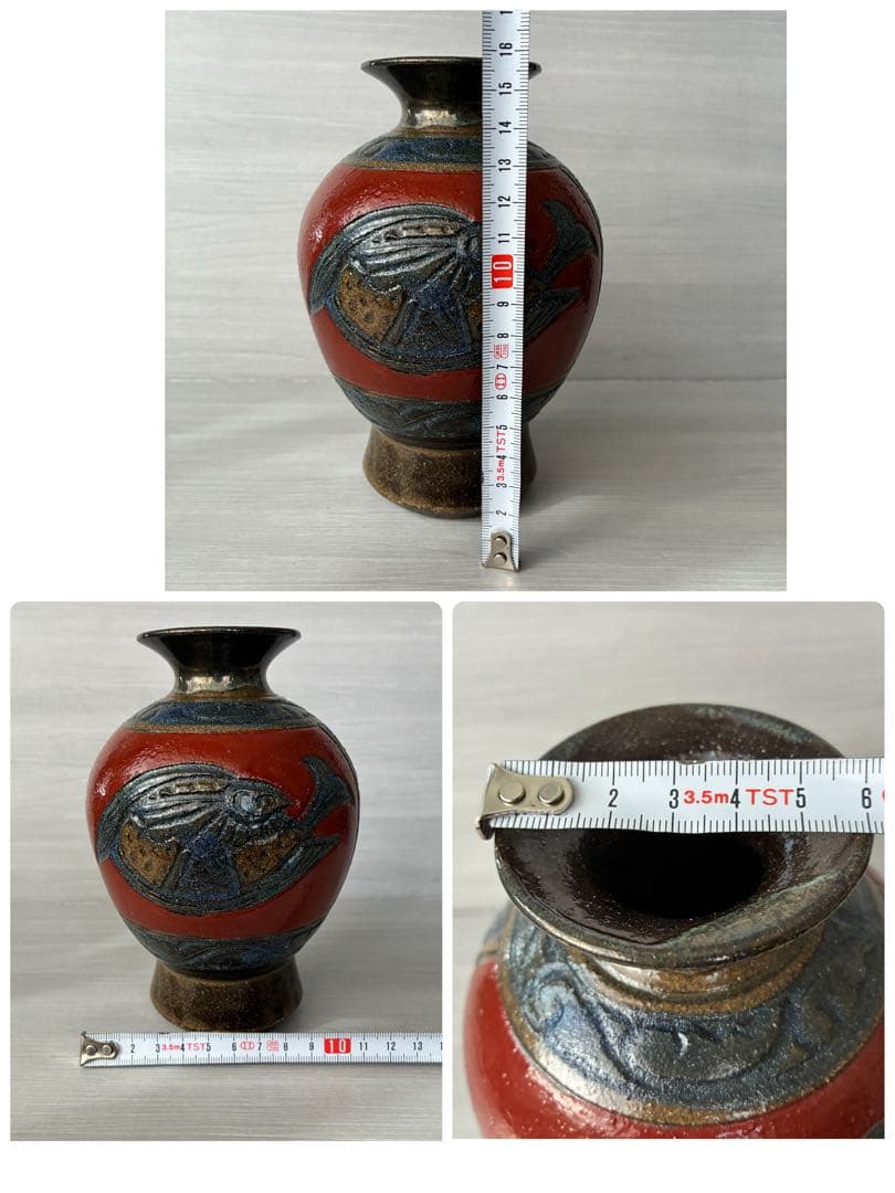 壺屋焼　小橋川清正　赤絵　魚紋　花瓶　沖縄　花器　インテリア　壺　工芸品