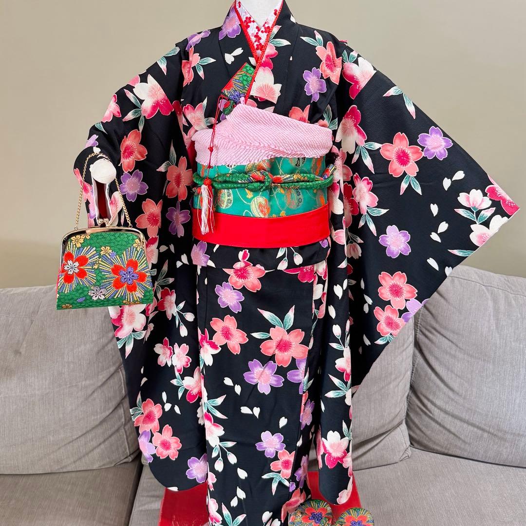 七五三着物帯セット　7歳　黒花柄
