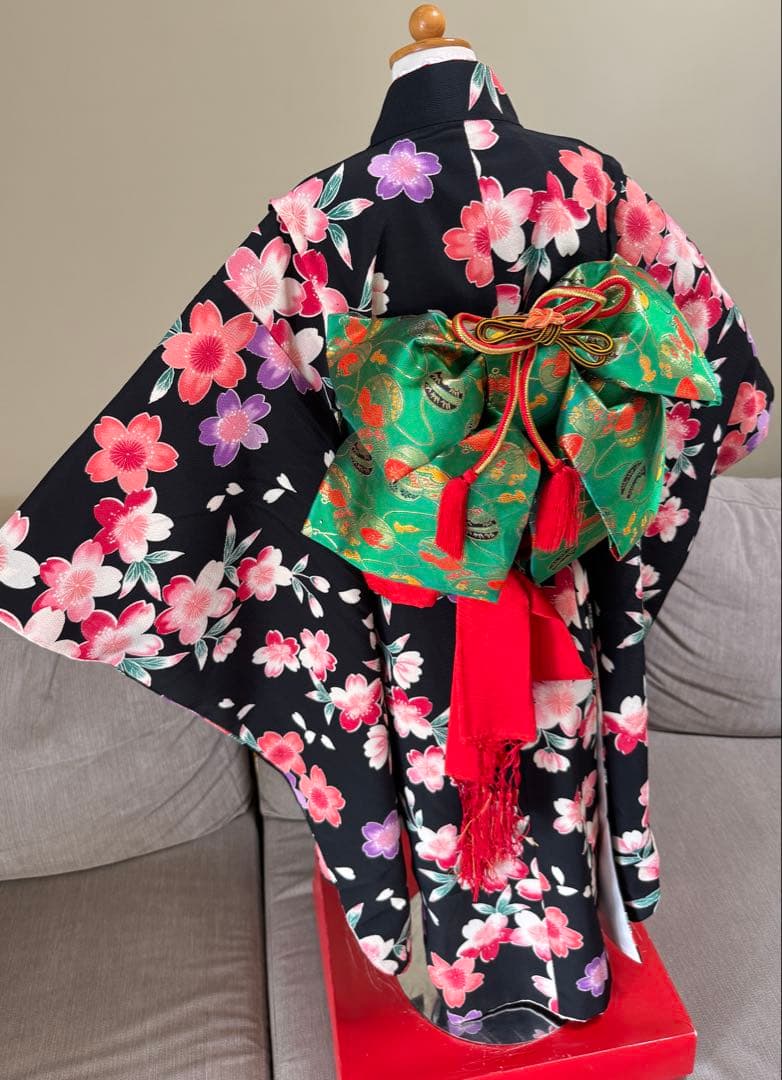 七五三着物帯セット　7歳　黒花柄