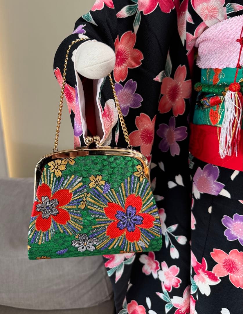 七五三着物帯セット　7歳　黒花柄