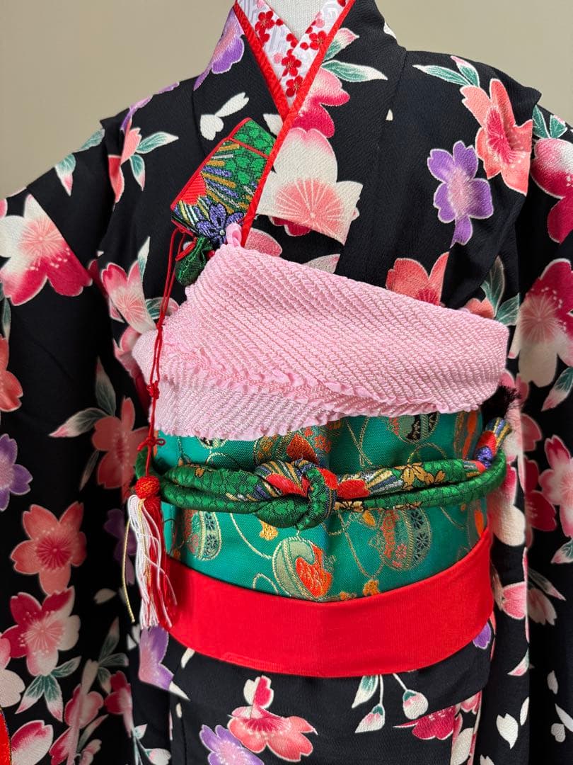 七五三着物帯セット　7歳　黒花柄