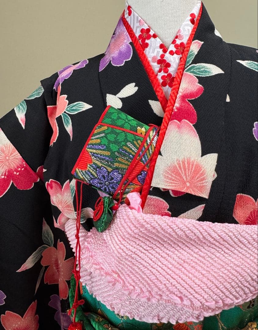 七五三着物帯セット　7歳　黒花柄