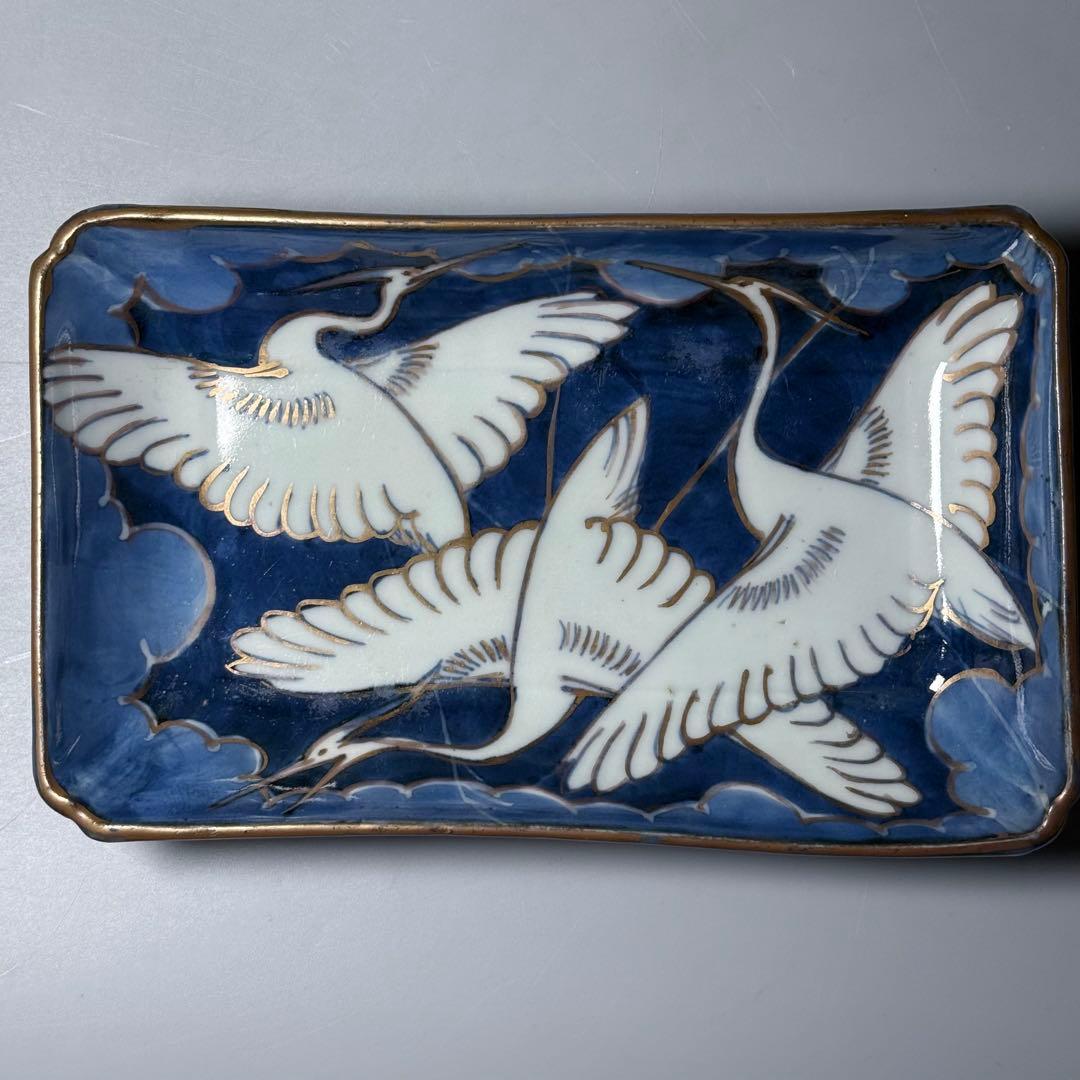 幕末明治期　染錦白鷺文様長皿　五客　古陶を楽しむ　アンティーク食器　料理屋