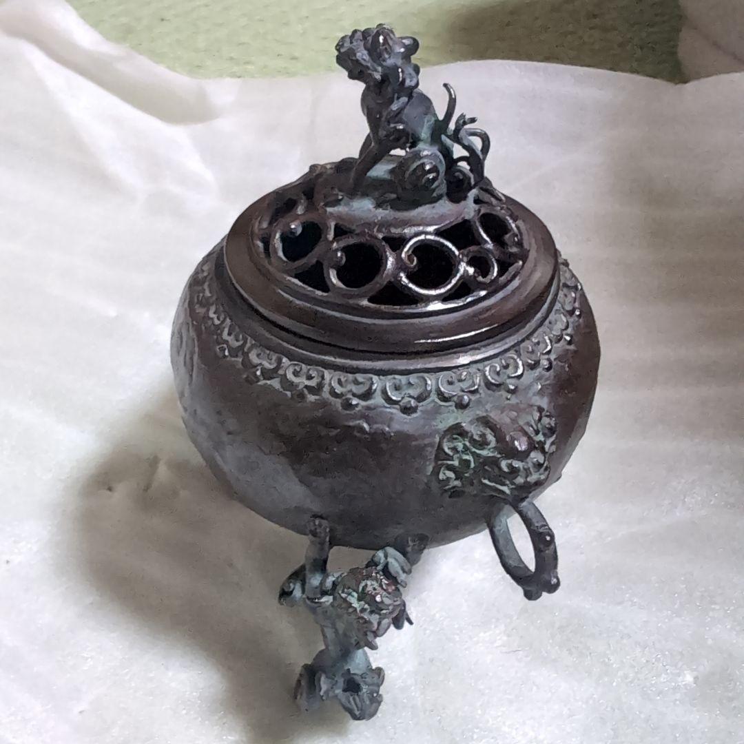 1817 高岡銅器　須賀七郎作　月芳　蝋型鋳銅　三獅子　香炉　時代物