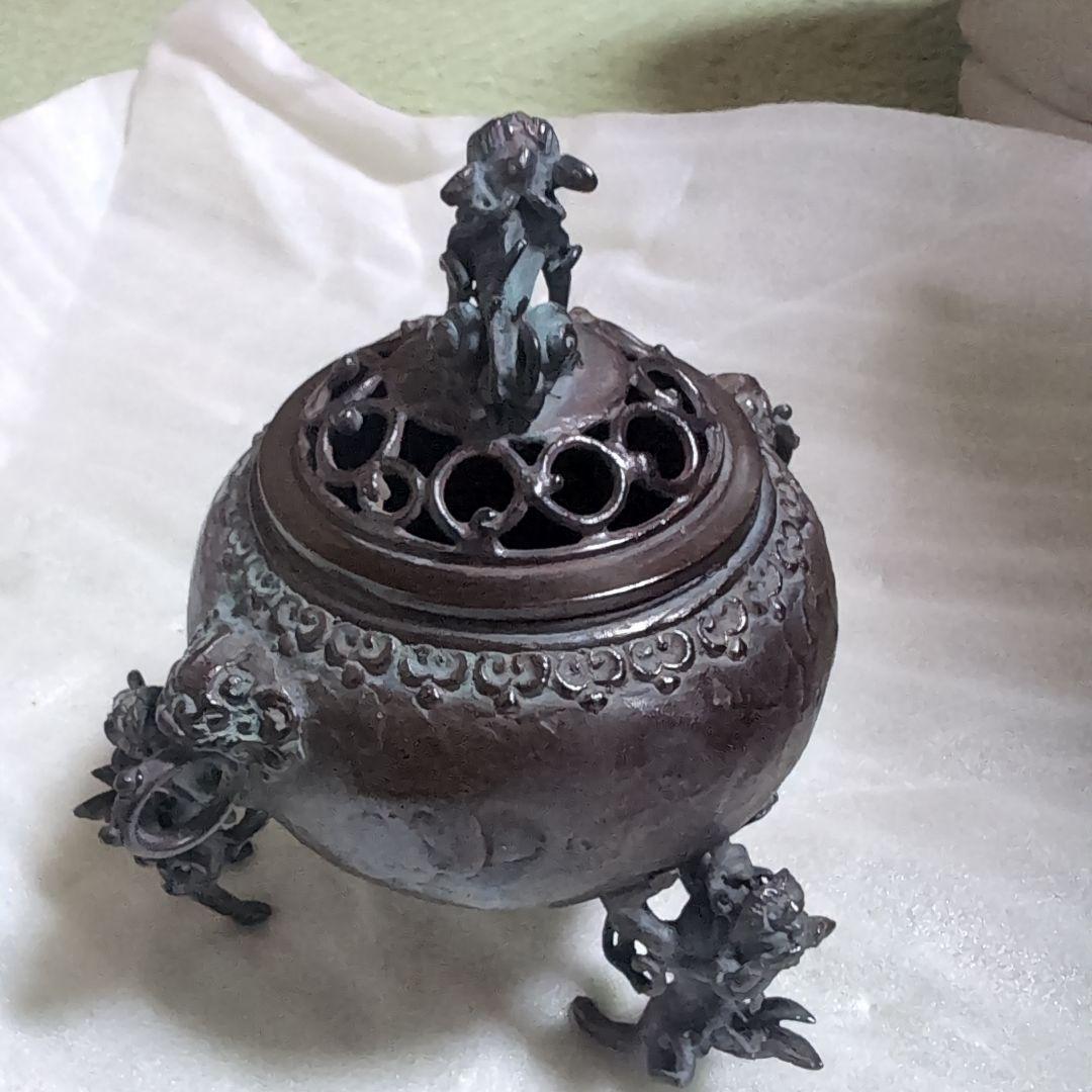 1817 高岡銅器　須賀七郎作　月芳　蝋型鋳銅　三獅子　香炉　時代物