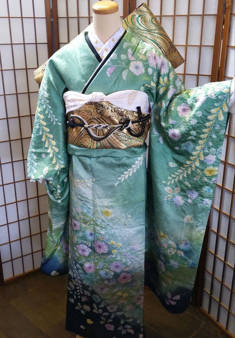 295【最終価格】翡翠色　金通し　落款辻ヶ花振袖6点フルセット成人式卒業式謝恩会