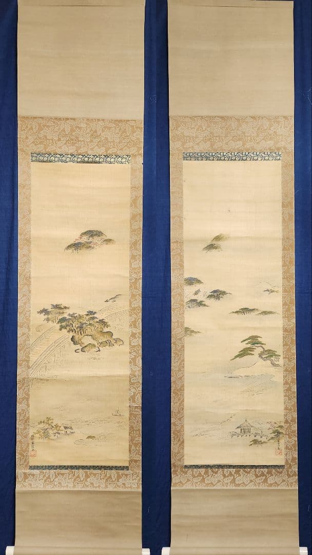 【近江八景図 双幅】狩野友甫宴信 1009 滋賀 掛け軸 肉筆 江戸狩野