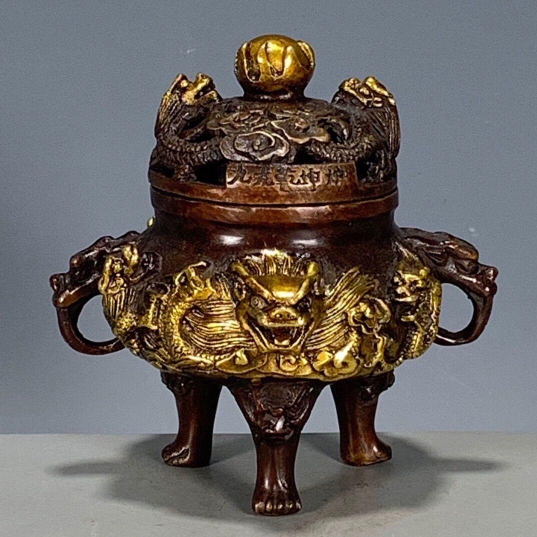 銅器 香炉 瑞獣三足九龍鼎薫香炉 風水 開運 工芸品 美術品 置物