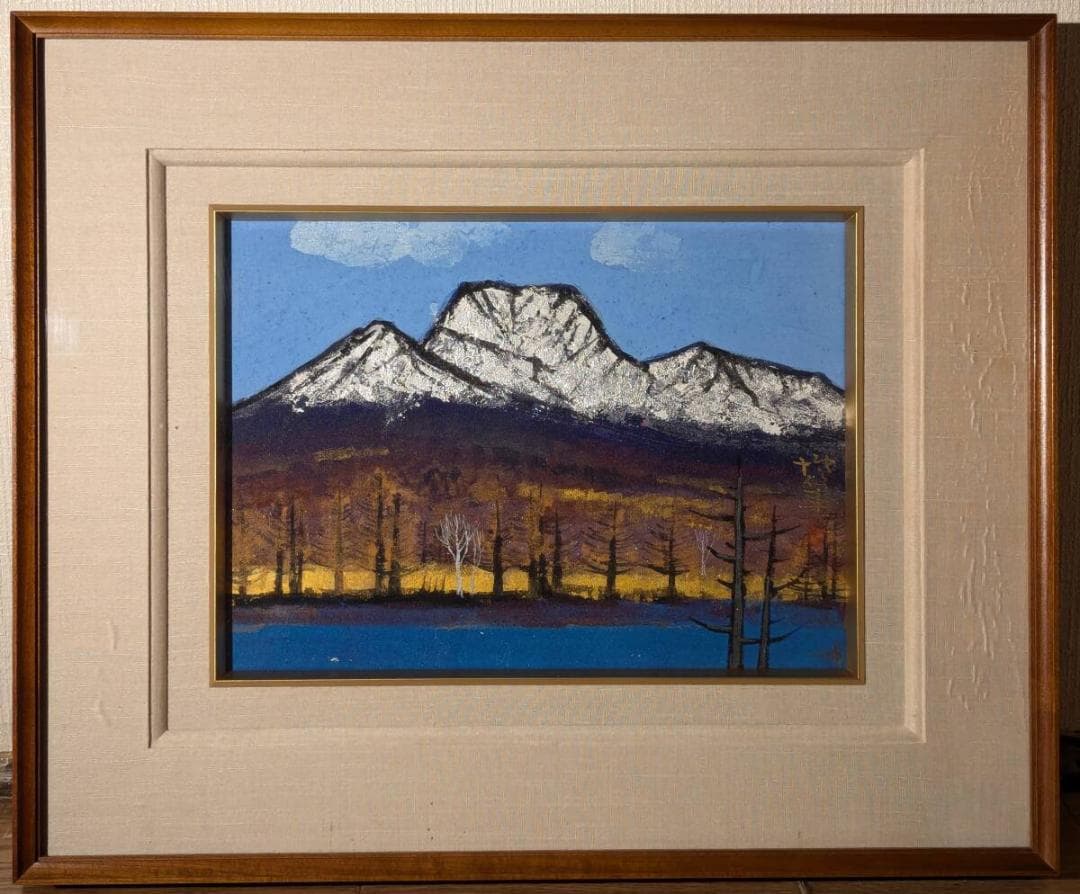 【真作】絵画　小川博　日本画4号　妙高　荘厳な雪山と湖　箱・黄袋入　U137