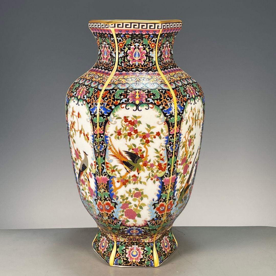 琺瑯彩六面開窓花鳥賞瓶 景徳鎮 陶磁器 装飾品 現代工芸品 美術品 置物