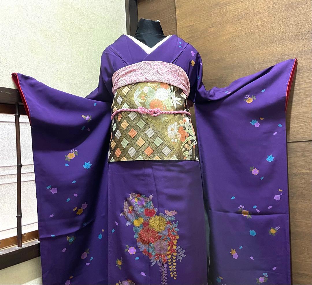 振袖 フルセット6点サイズＬ雪輪舞花文　金彩　正絹