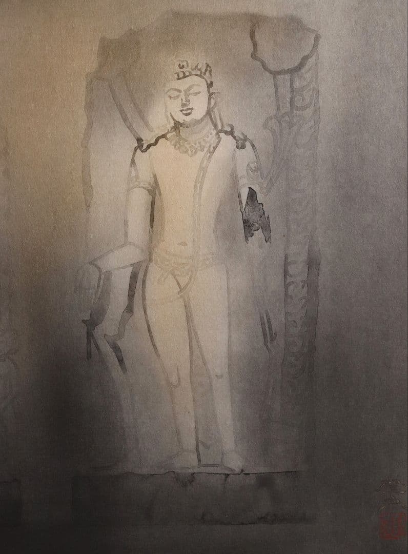 【真作】佐藤隆良 紙本肉筆 金彩墨彩 仏画 日本画 額装 アクリル板 CK43