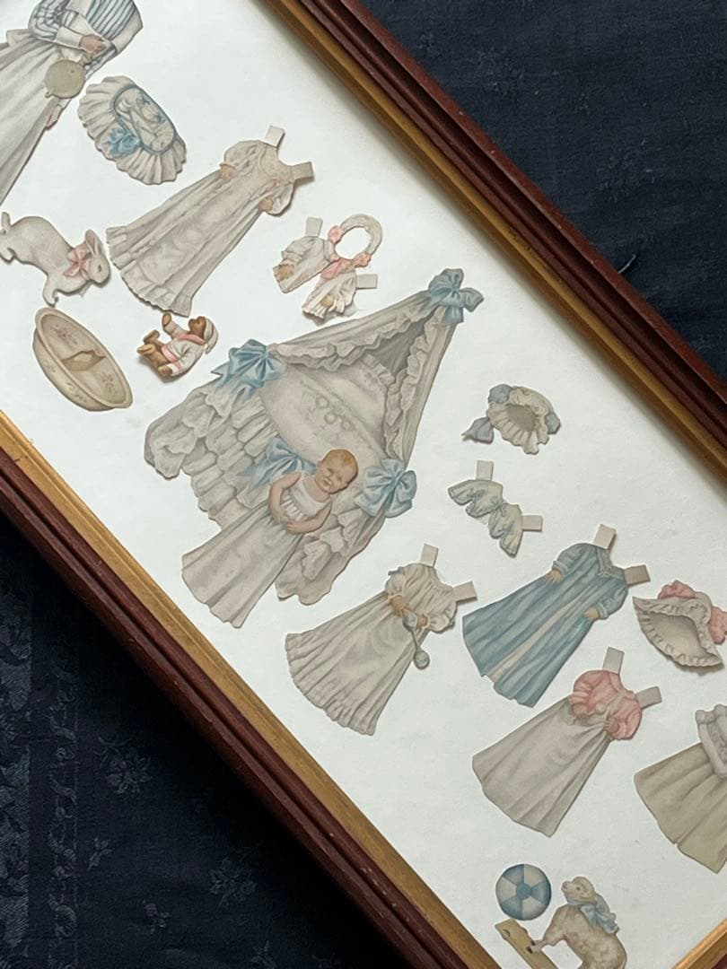 アンティークヴィクトリアンガラスフレーム壁掛け額装飾ペーパードール紙もの