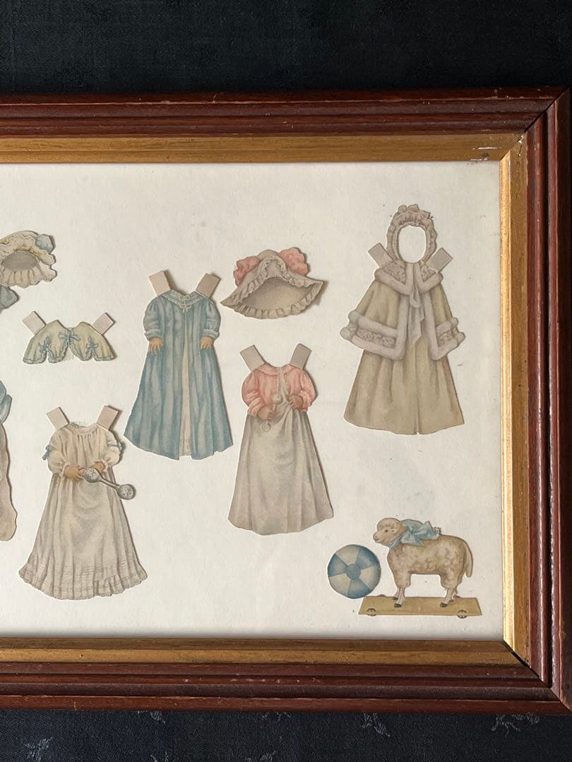 アンティークヴィクトリアンガラスフレーム壁掛け額装飾ペーパードール紙もの