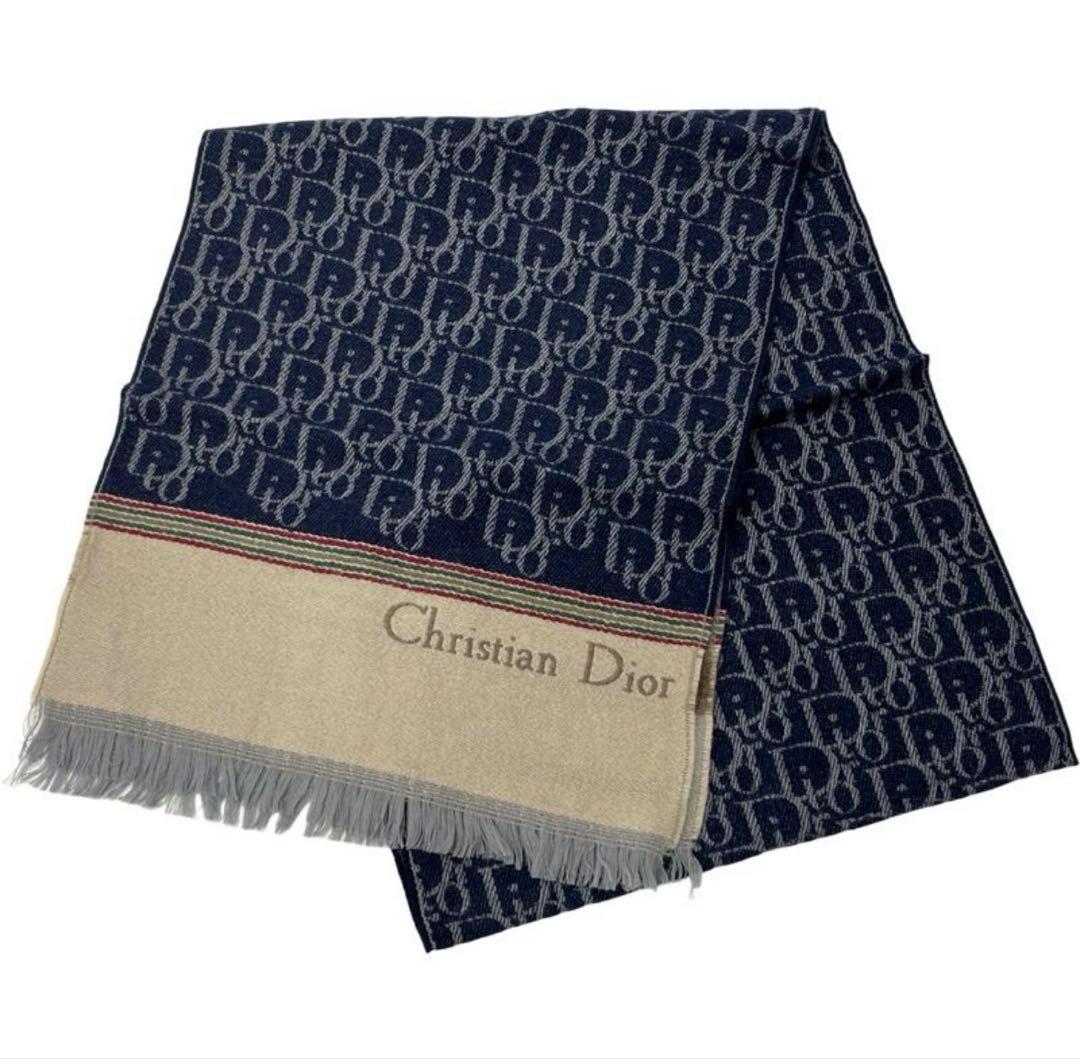 ChristianDiorトロッター柄総柄ウールマフラーブルー系