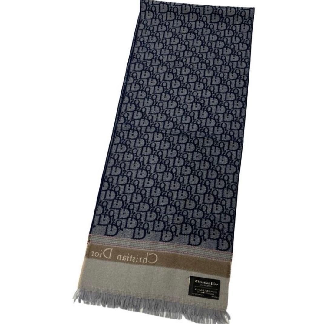 ChristianDiorトロッター柄総柄ウールマフラーブルー系