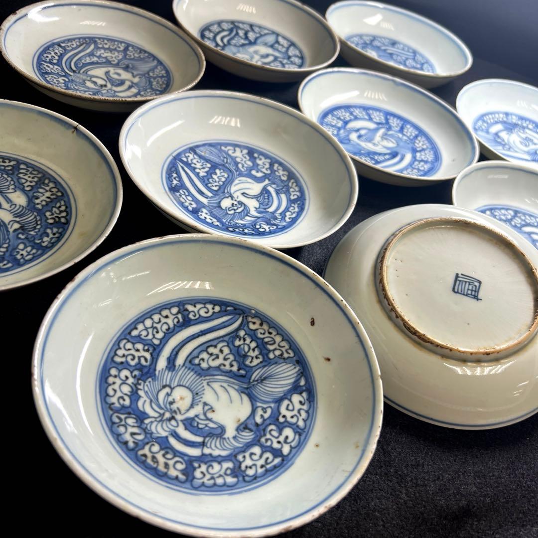 中国明時代　古染付龍図中皿10枚　木箱付　直径約13㎝　東Y8-0114☆2F
