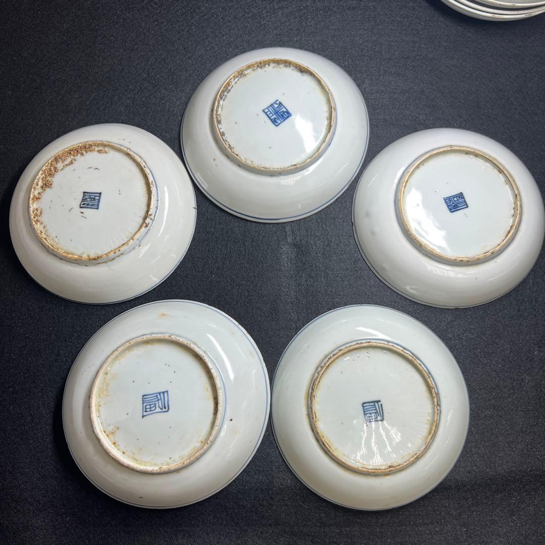 中国明時代　古染付龍図中皿10枚　木箱付　直径約13㎝　東Y8-0114☆2F