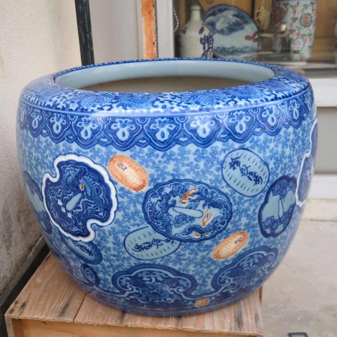 骨董 大型 火鉢 伊万里 染め付け メダカ 金魚 睡蓮鉢 小判 鍔 鉢カバー