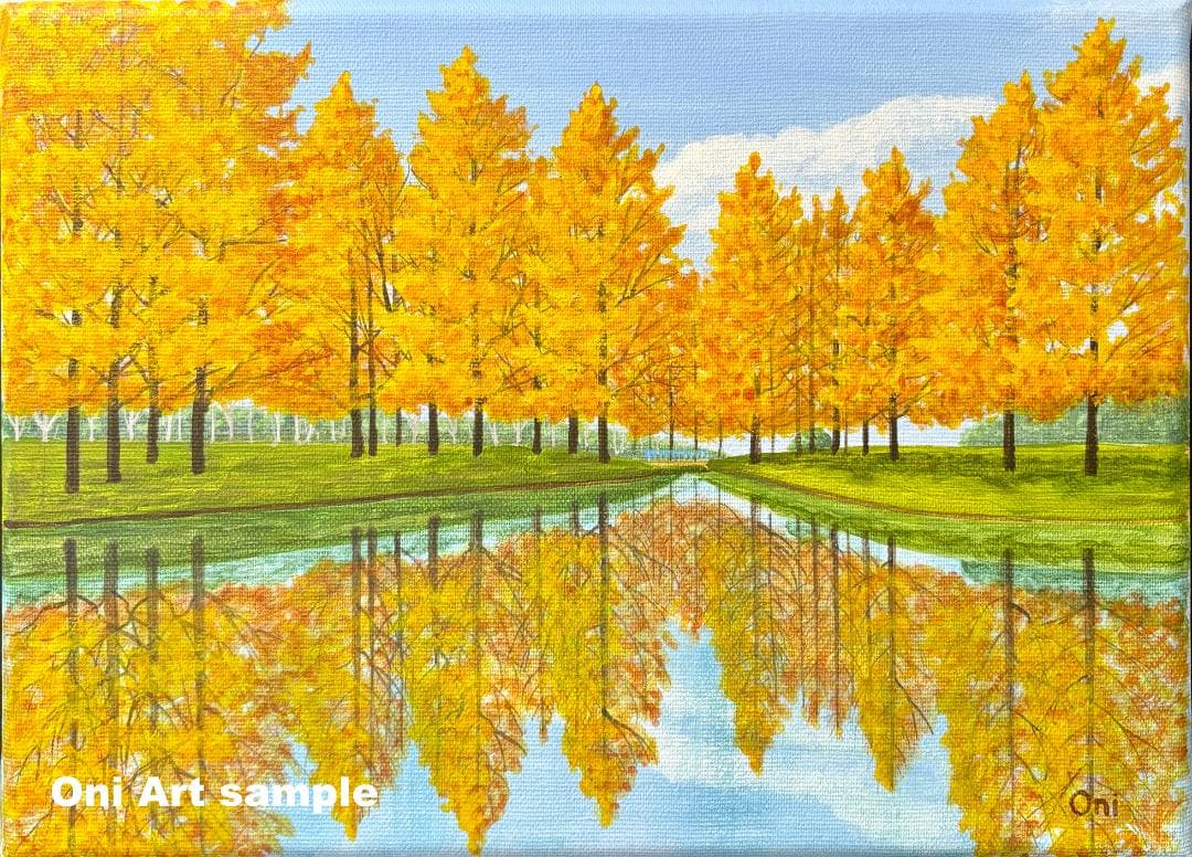 アクリル画　原画　「オータムパーク02」額縁付き　F4サイズ　風景画