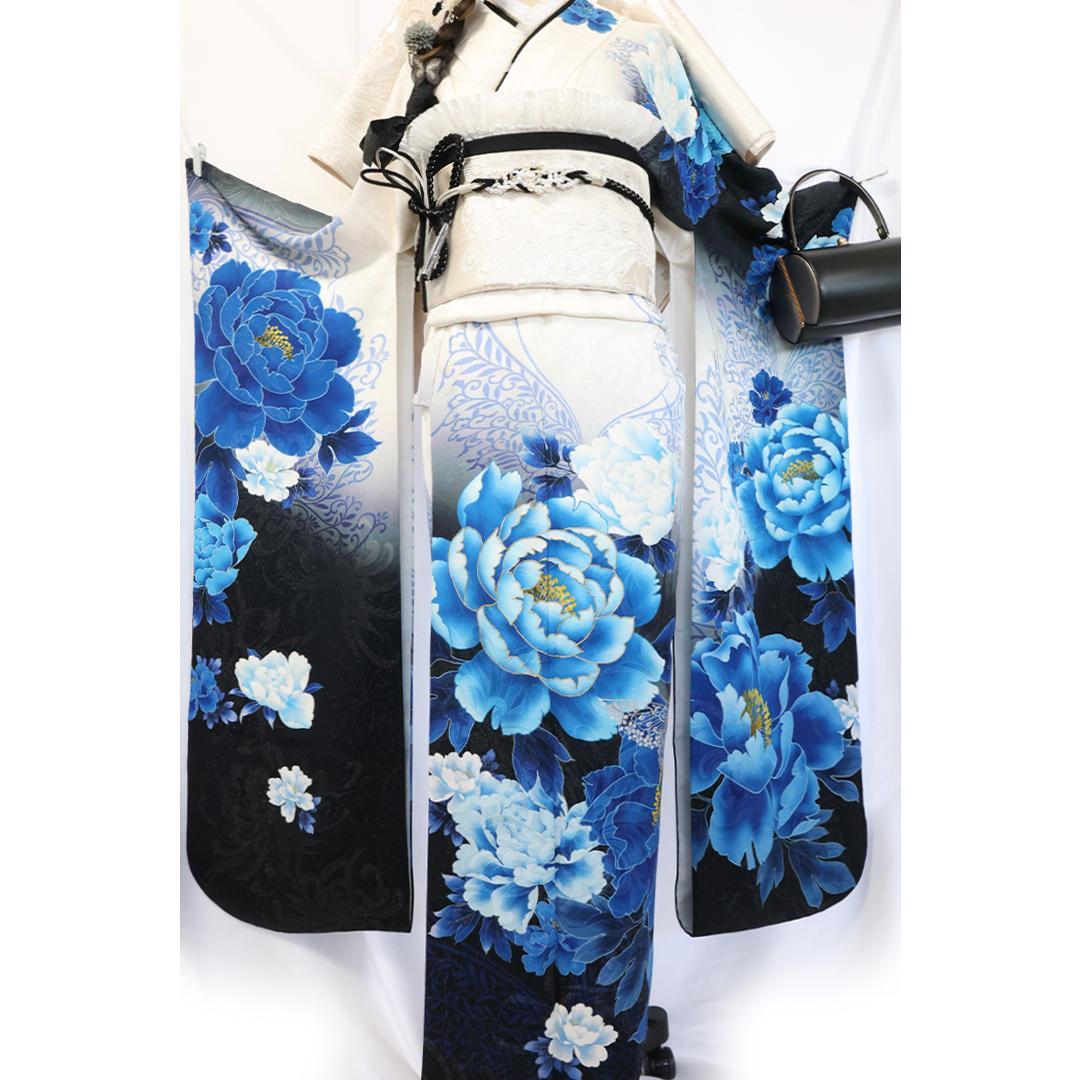 ホワイト系◆振袖7点セット ◆161cmフルセット白青水色成人式ギャル系Sw30