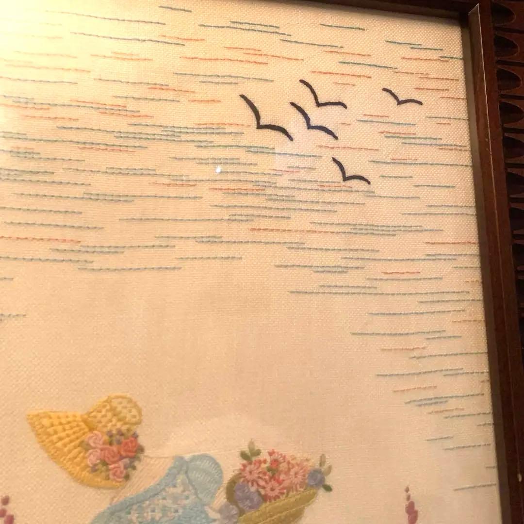 戸塚刺繍　刺繍額絵　貴婦人　お花摘み