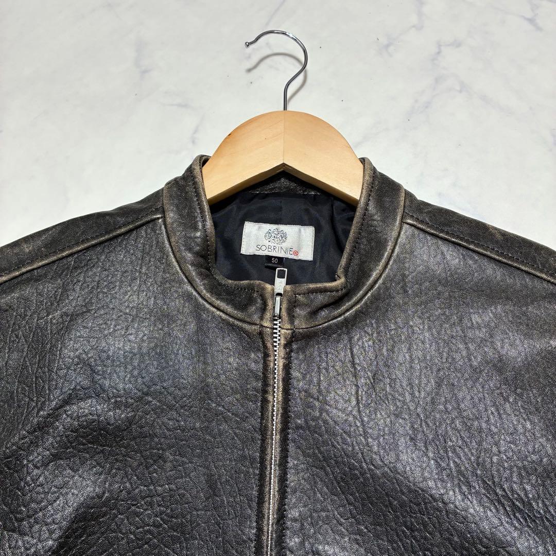美品✨エイジング加工 シングル ライダースジャケット 羊革 ブラック XL 50
