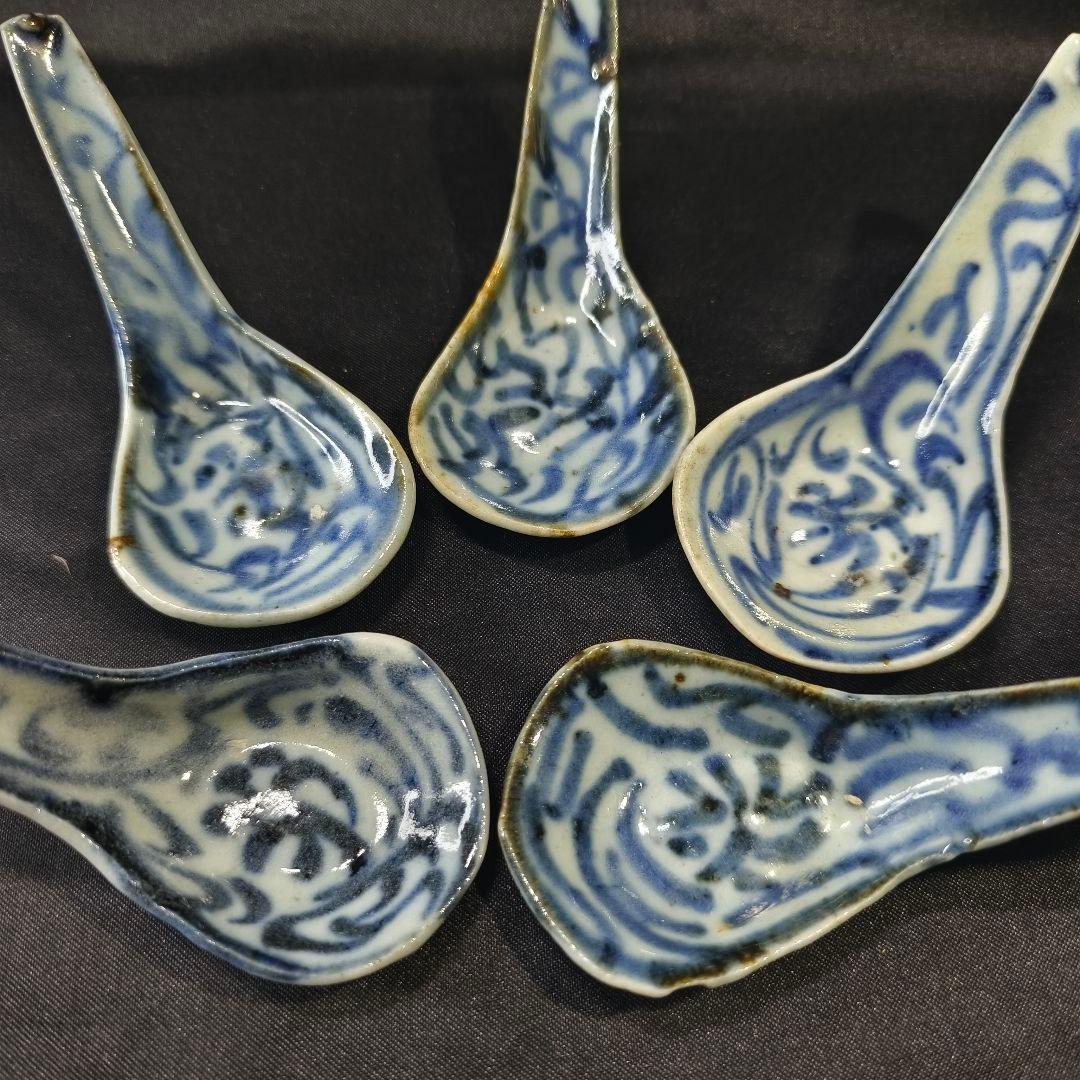 中国骨董 染付レンゲ 手描き 古美術品 アンティーク 時代物 コレクター放出美品