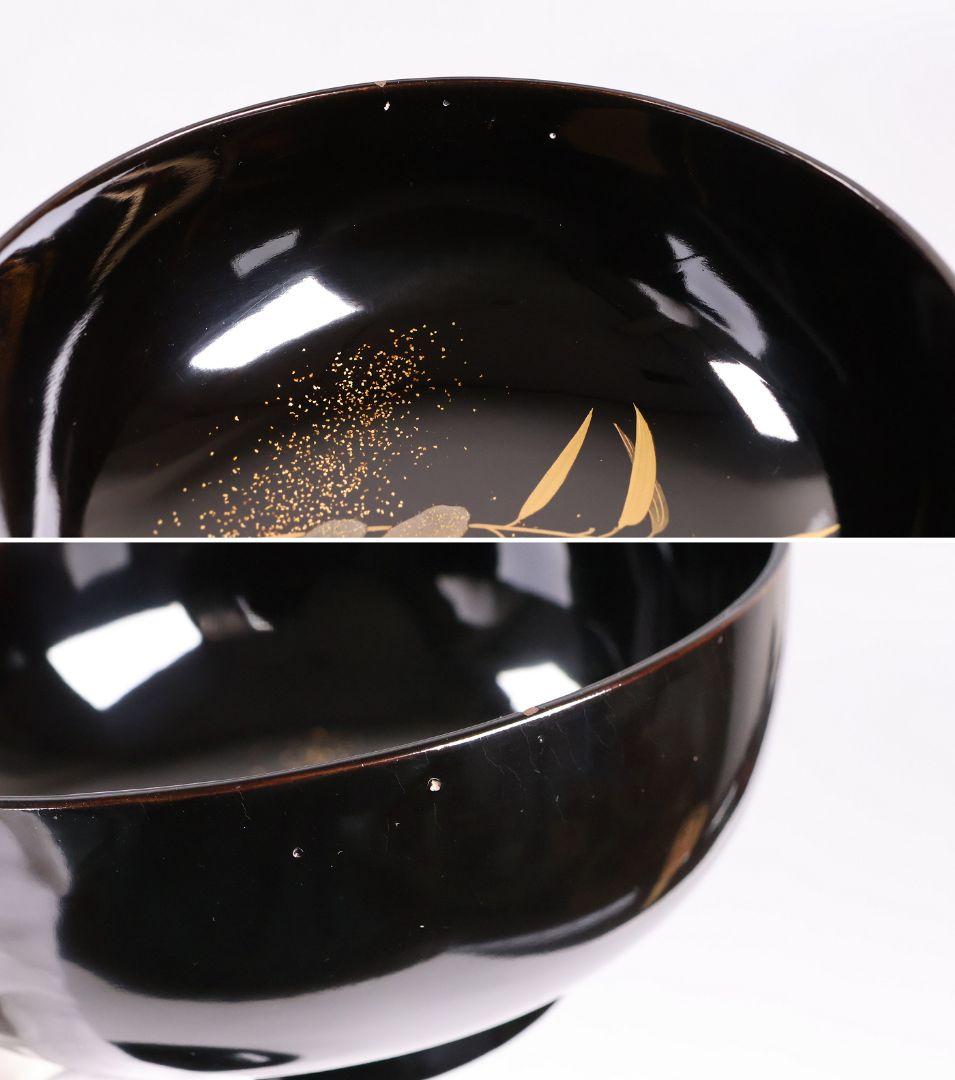 【CM412】天然木漆塗 加賀蒔絵 蓮と野菜金蒔絵 黒煮物椀 三客 漆器 昭和期