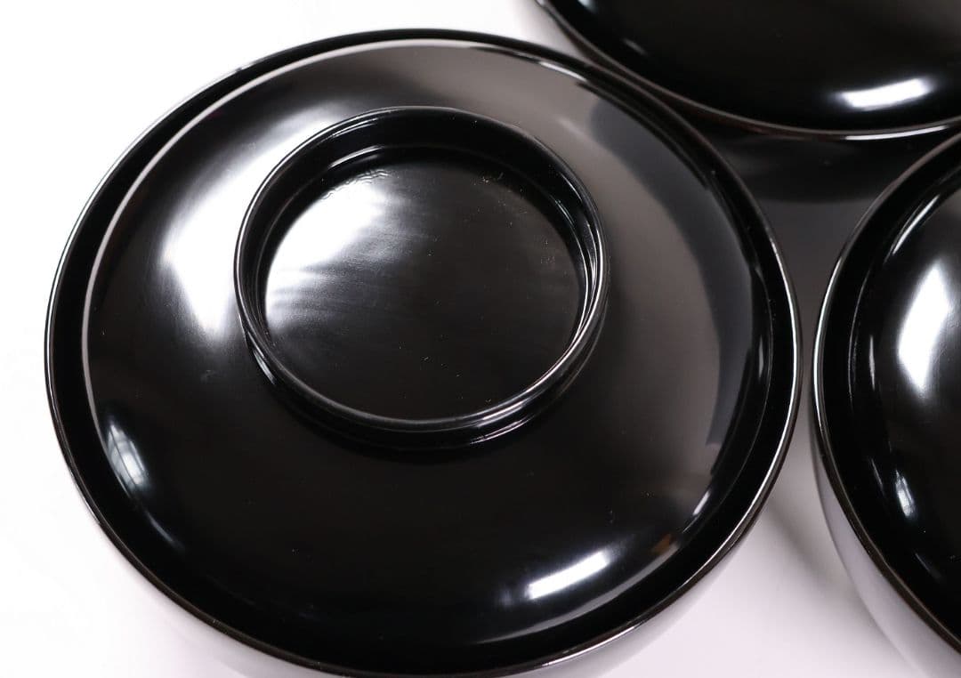 【CM412】天然木漆塗 加賀蒔絵 蓮と野菜金蒔絵 黒煮物椀 三客 漆器 昭和期