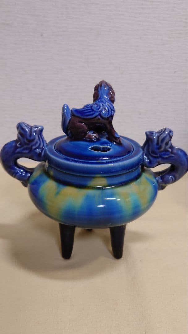 九谷　三代　徳田八十吉　正彦銘　碧彩釉　香炉　共箱