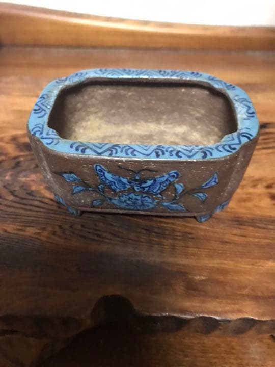 盆栽鉢　時代　陶翠　彩交趾黒泥隅入長方鉢