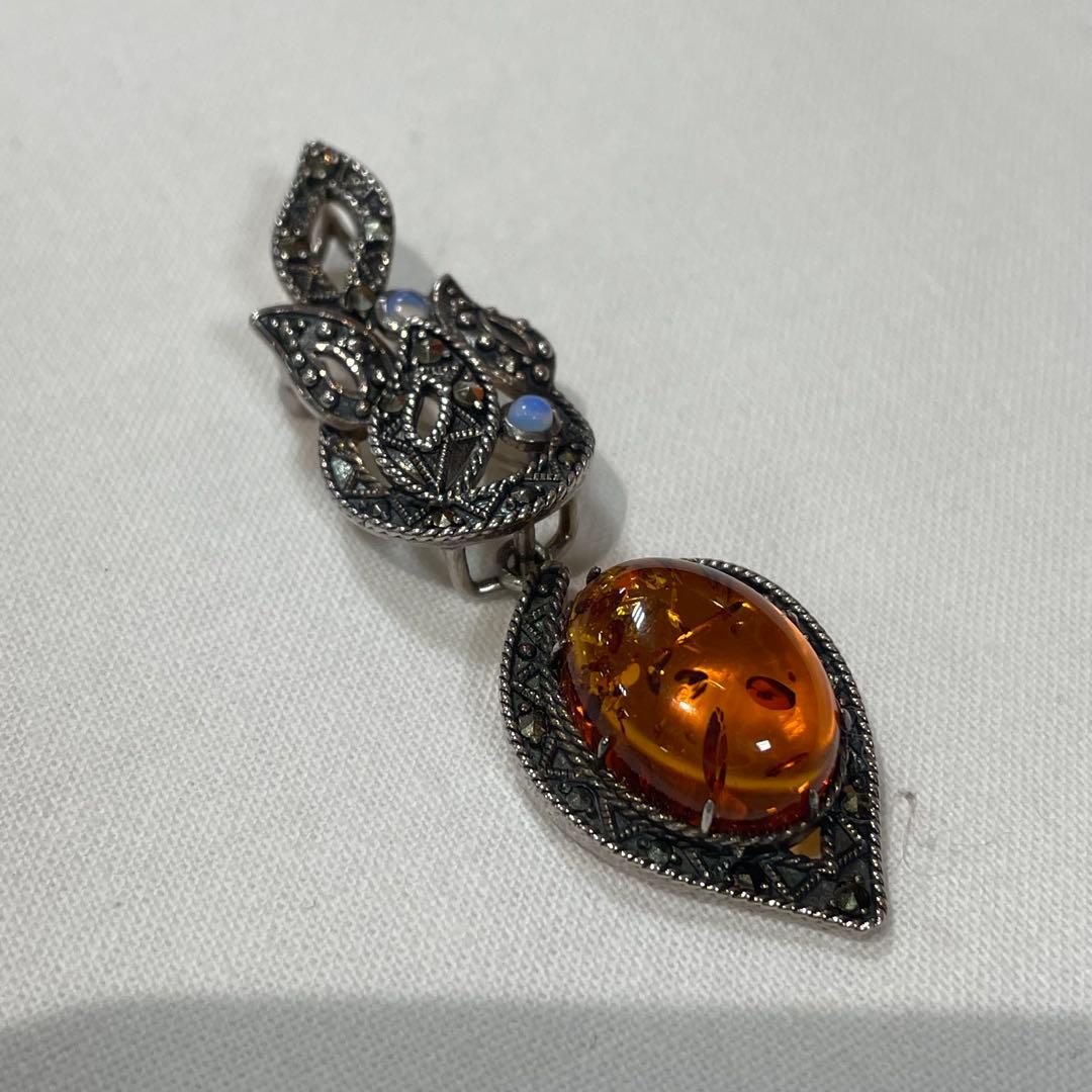 禄山 琥珀 & オパール アーバンリーフ シルバー ブローチ ペンダント
