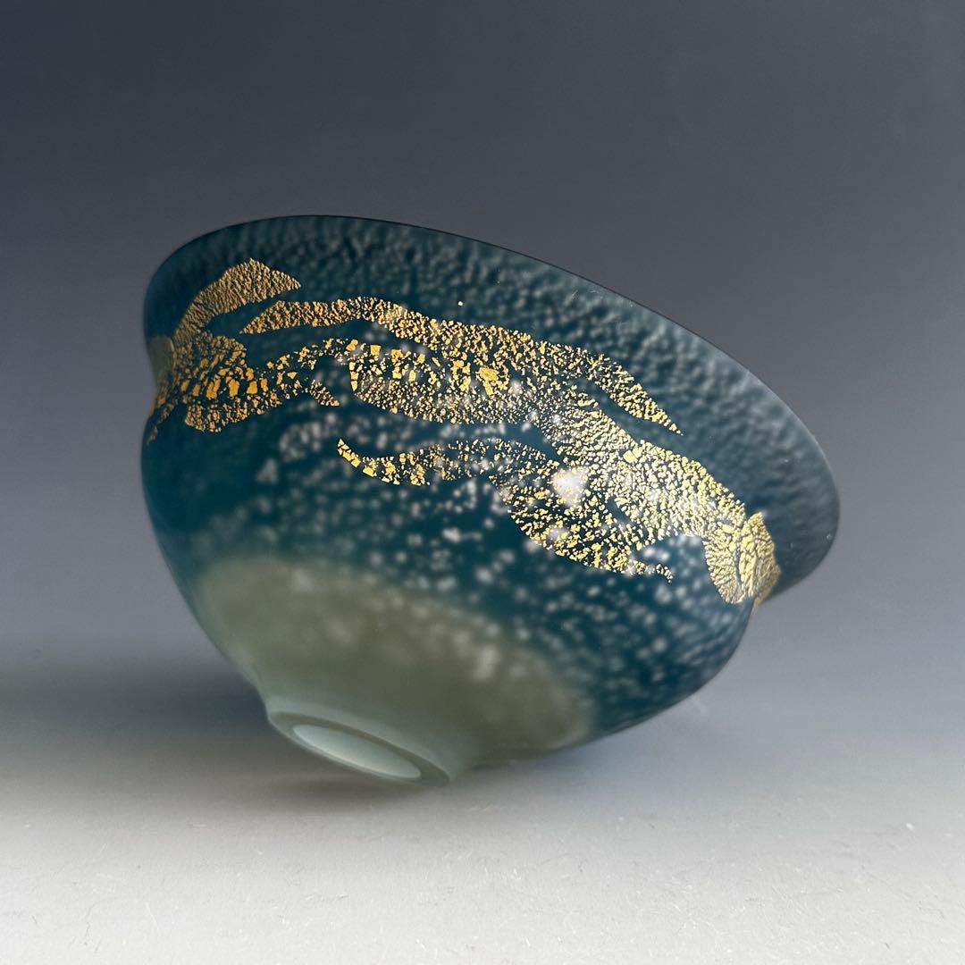 茶道具　彩色金銀箔入　クリスタル　茶碗　大川薫　共箱　ガラス　硝子　夏茶碗　茶会