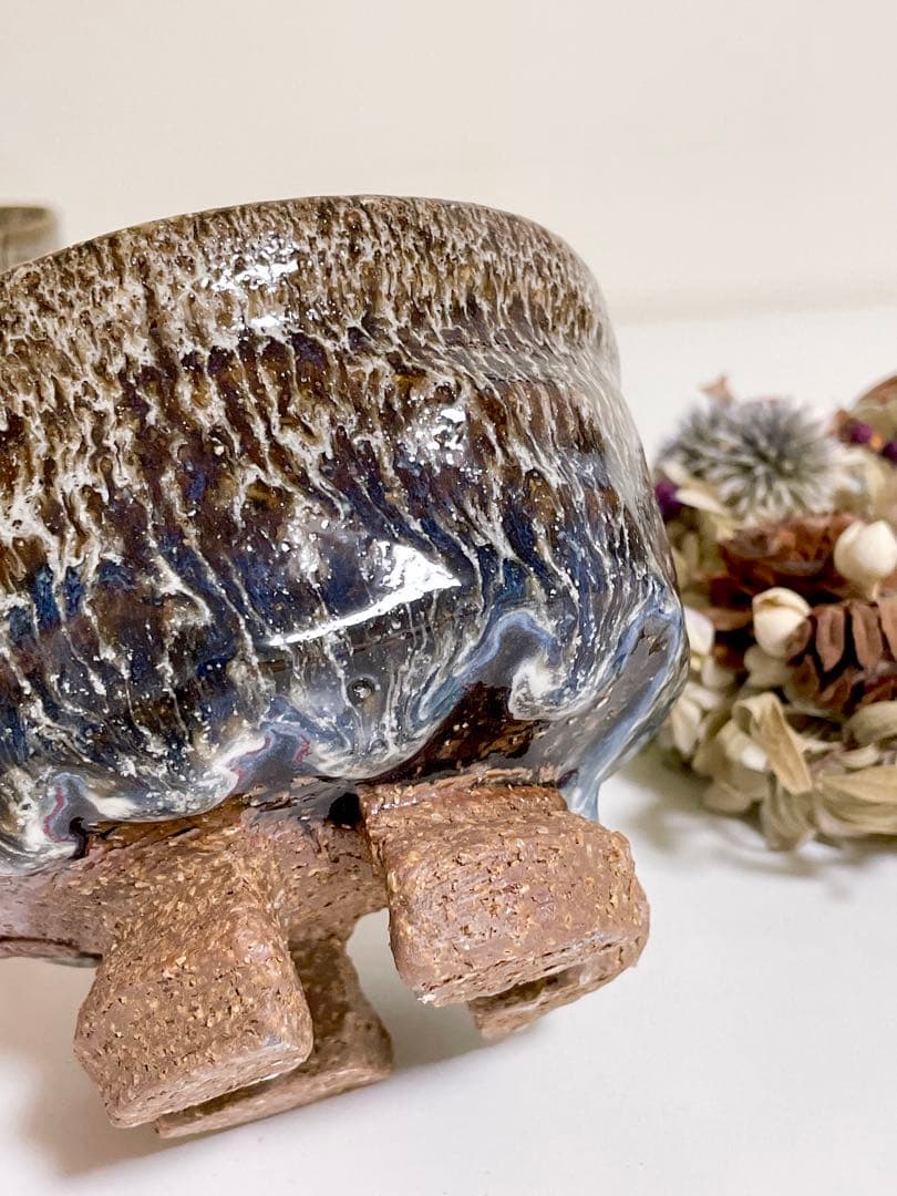 萩焼　山根清玩　しだれ釉　孔雀釉　抹茶碗　湯呑み　光彩庵　陶器　割高台