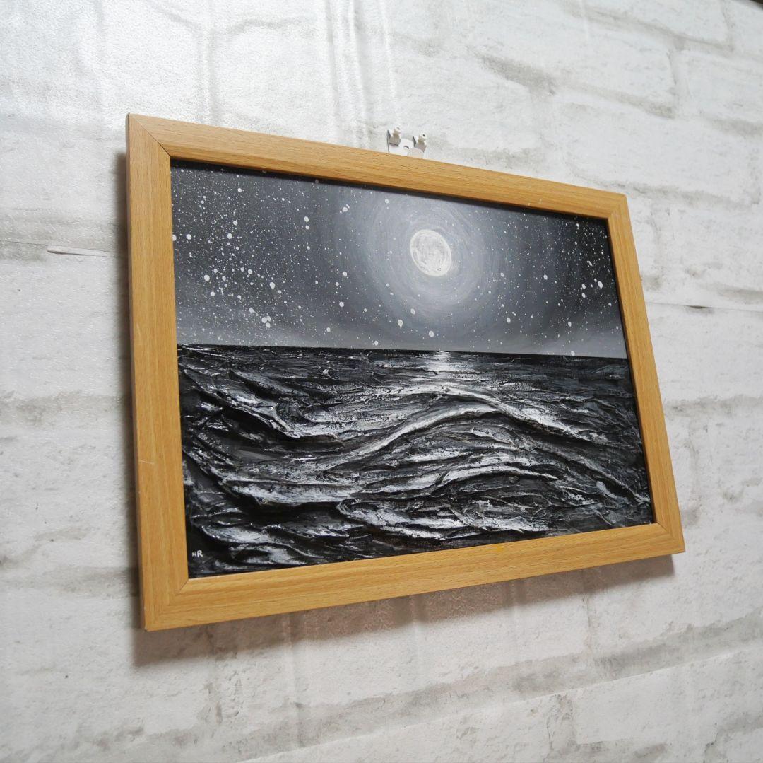 油絵 油彩 油彩画 絵 絵画 【白黒の満月と星空の海】