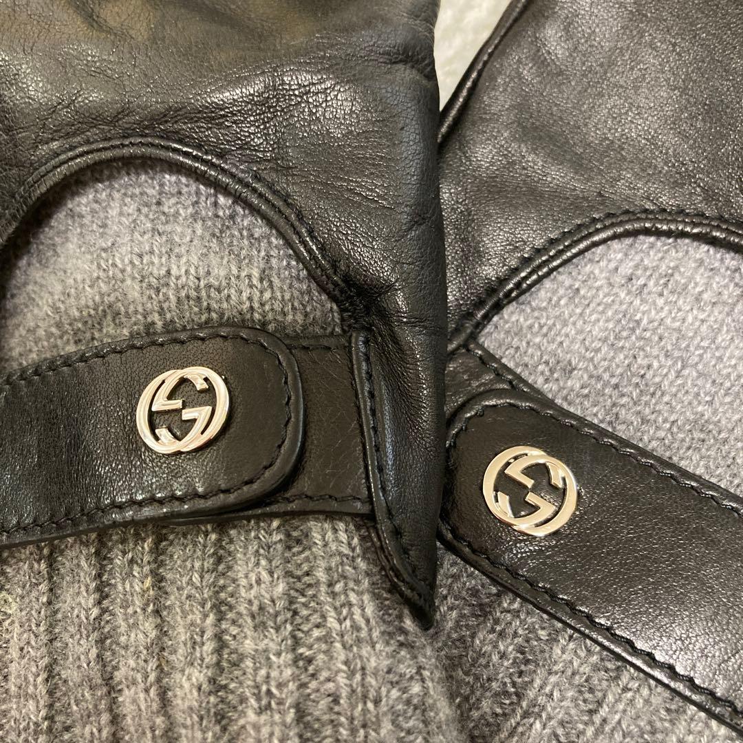 GUCCI レザーの手袋　ブラック　グレー