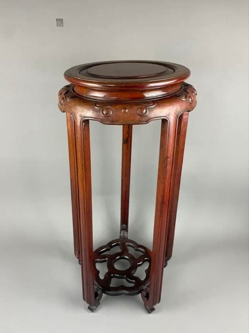 中国古玩 唐木造 高卓花台 五足花台 古唐木 飾台栽台 香炉台 紫檀 花梨 彫刻