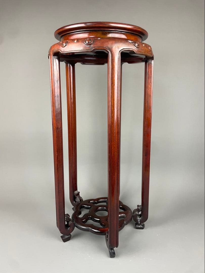 中国古玩 唐木造 高卓花台 五足花台 古唐木 飾台栽台 香炉台 紫檀 花梨 彫刻