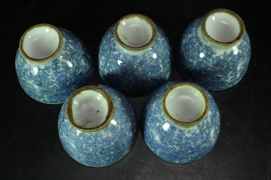 煎茶 染付 碗 五件 時代物(K-LC763)