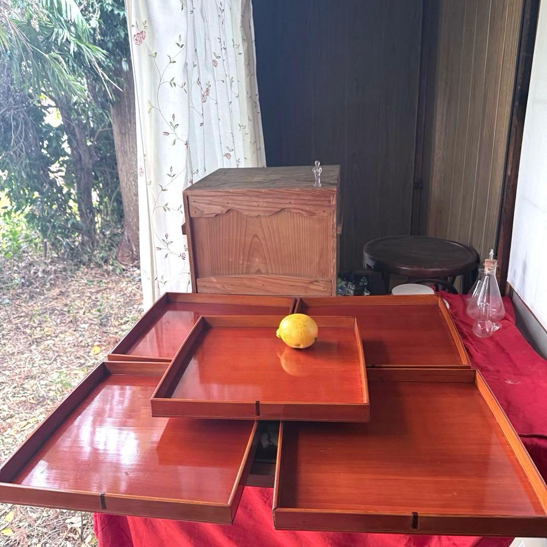 迎春感謝‼️キャラメル色‼️JAPAN 飛騨春慶塗飴色「胴張り御膳」5客木箱入