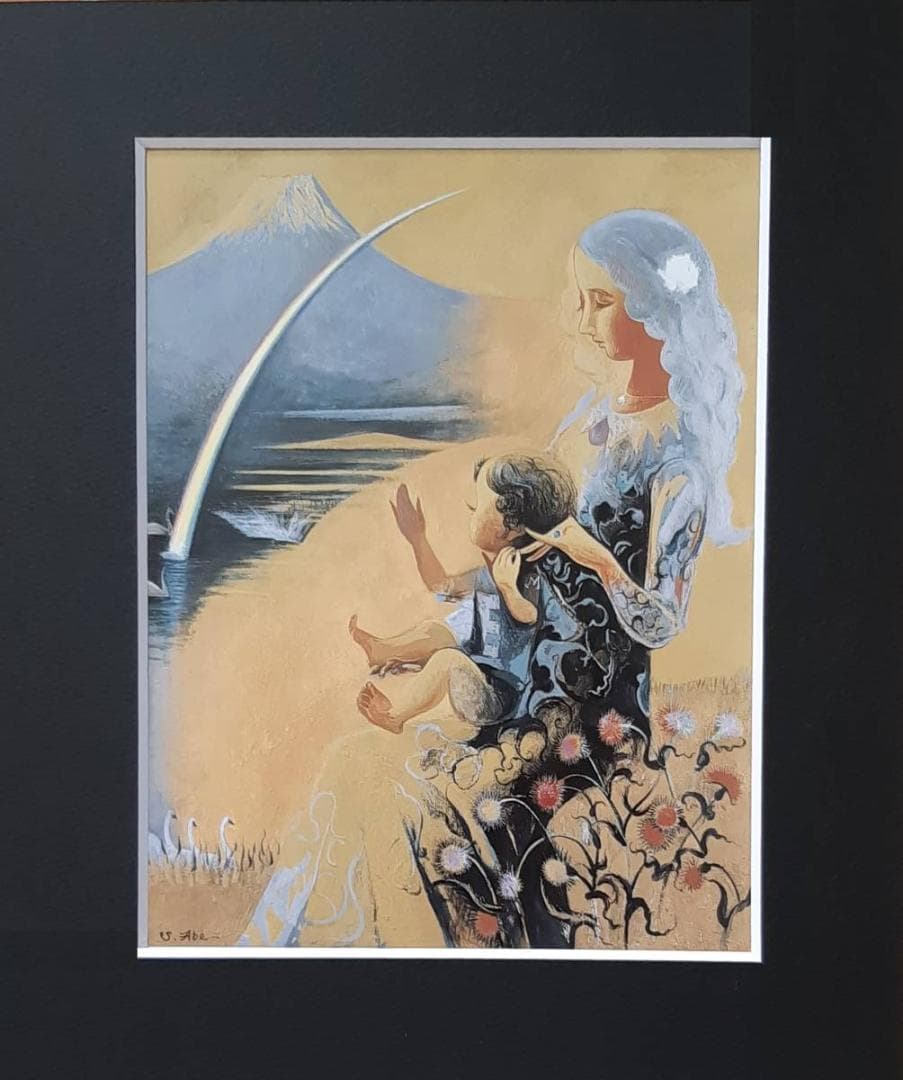 阿部盛有、「或る日の母子 Cardo(フジアザミ)」、希少画集の額装画、四季