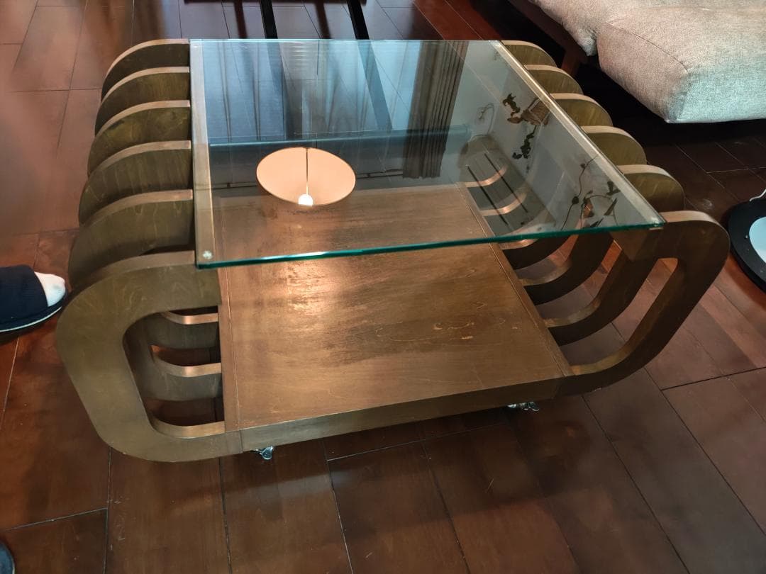 北欧レトロ 湾曲型 木製 コーヒーテーブル サイドテーブル キャスター付き