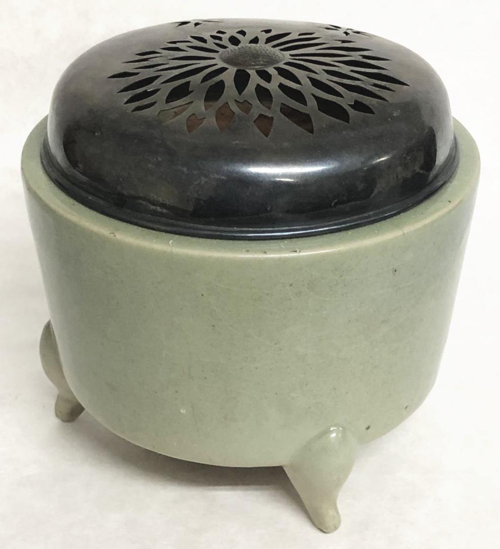古青磁大香炉 純銀火屋付約174g 修復あり 茶道 香道 陶器 WWTT195